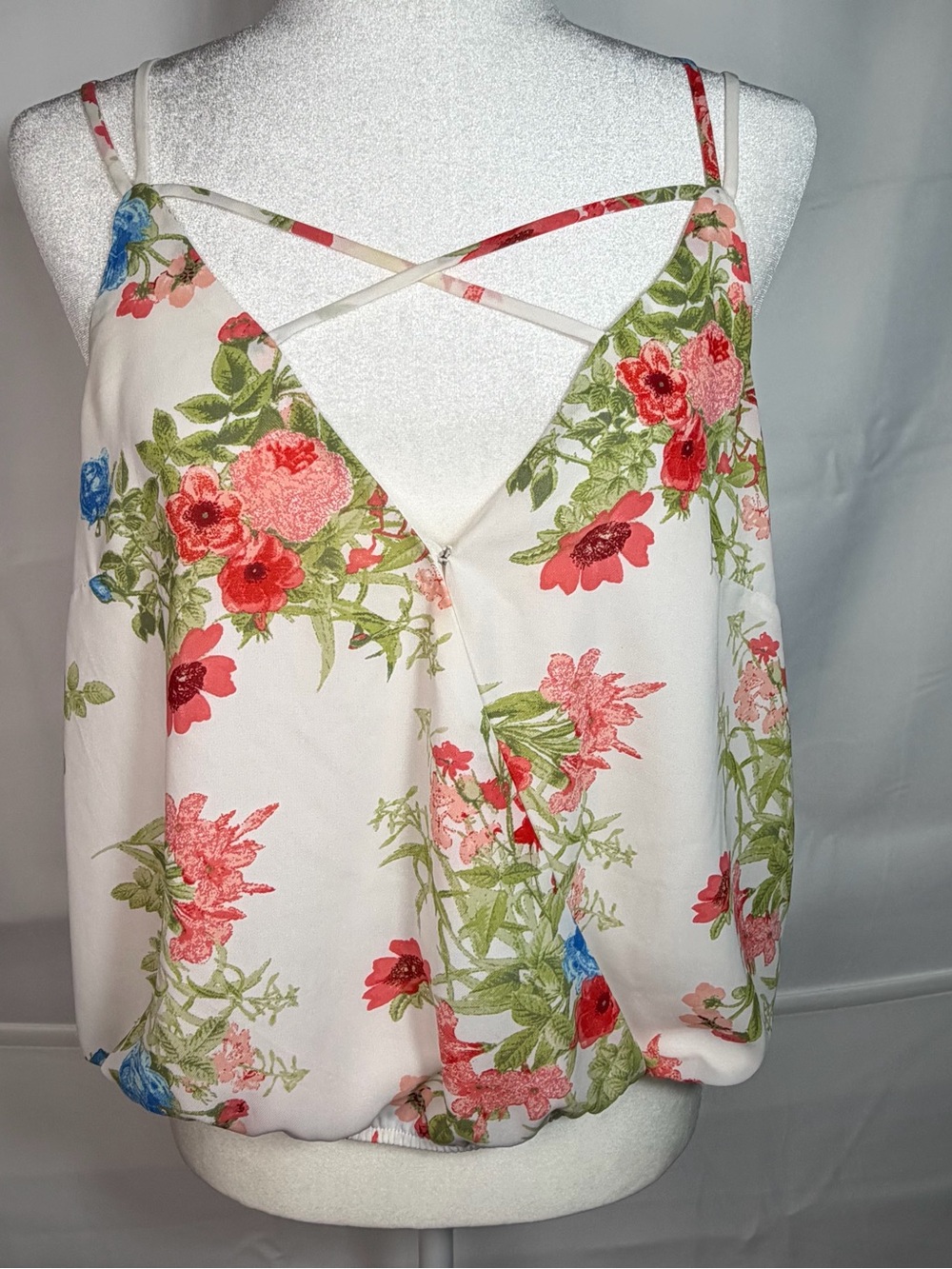 Forever 21 White Floral Cami Tank Top Large Criss Cross Strappy Surplice V-Neck